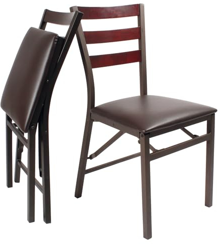 Coopers of Stortford - Pair of Folding Dining Chairs with Faux Leather Padded Seats - Wooden Slat Back, Space Saving Design, Sturdy and Compact Storage