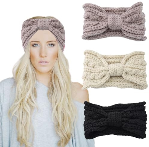 3Pcs Winter Knited Headbands Women Elastic Twist Knitt Headband Thermal Knit Head bands Bow Turban Hairdbands Crochet Head Wraps Winter Ear Warmer