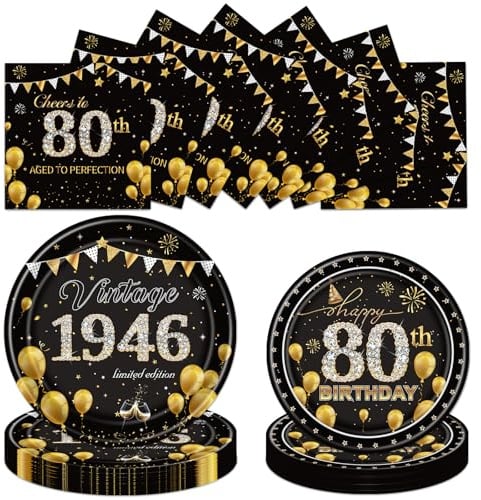 Luvart 80th Birthday Plates and Napkins Party Decor, 72PCS Vintage 1946 Birthday Tableware Set, Cheer to 80 Year Old Party Decorations Supplies for Women Men 24 Guests