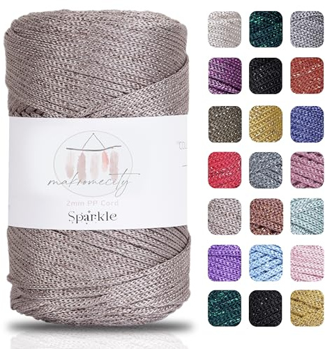 Makromecity Glitzer Makramee Garn 2mm x 230m Premium Polyester Macrame Cord Polypropylene Yarn für Handwerk Wohndekorationen Platzteller Umhängetasche Handtasche Runner (Glitzer Nerz, 1 Strang)