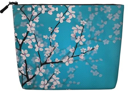 Trousse de maquillage à une couche en faux lin avec imprimé fleurs de cerisier japonaises, porte-monnaie de grande capacité, essentiel pour les voyages et les voyages d'affaires