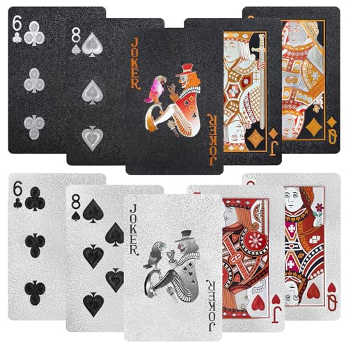 Feruchun 2 Jeux de Cartes 54,Jeu de Carte Imperméable,Carte Poker Plastique,Playing Cards pour Bridge, Blackjack (Noir + Argent)