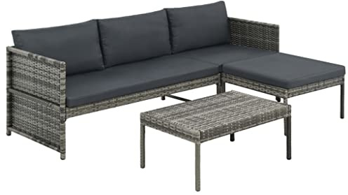 RMIHSJG 3-TLG. Garten-Lounge-Set Poly Rattan Grau mit Auflagen, Sofa Hocker Couchtisch, Wetterfestes PE-Rattan Outdoor-Möbel, Strapazierfähige Polyrattan Garnitur mit Stahlrahmen
