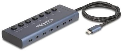 Delock USB 5 Gbps Hub mit 7 USB Type-C™ Ports, mitternachts blau, mit Schalter, 6 Datenports + 1 Daten/PD 20W Port, Metall, 13.9x5x1.7 cm