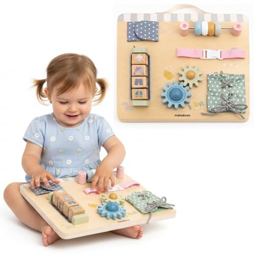 Mamabrum Holz Manipulationstafel Montessori Busy Board für Kinder ab 18 Monaten, MDF, 6 Manipulationselemente, Griff, Zahnräder, Verschlüsse, 30 x 24 x 5,3 cm