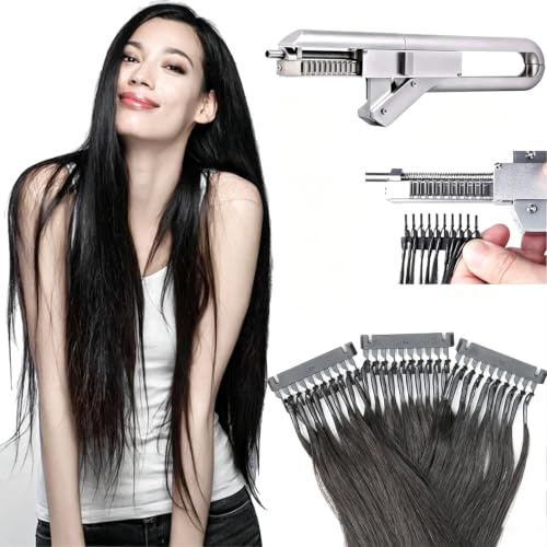 Hair Extension Machine Gun Kit, 10-bundle No-glue Hair Extension Tool With Removal Pliers, No-glue Reusable, Human Hair Extensions For Salon Home Party Wedding