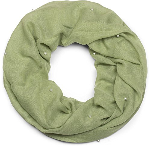styleBREAKER Damen Loop Schal mit Perlen Applikation, Unifarben, Leichter Schlauchschal Einfarbig, Tuch 01016168, Farbe:Oliv