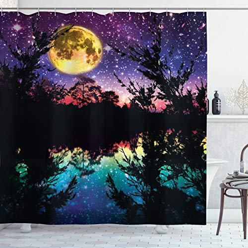 ABAKUHAUS Modern Duschvorhang, Night Sky Trees, Stoffliches Gewebe Badezimmerdekorationsset mit Haken, 175 x 180 cm, Lila Pink und Blau
