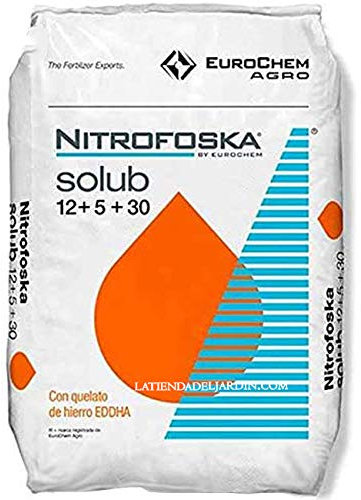 Suinga ABONO soluble 25 Kg Fertilizante Nitrofoska 12-5-30. Aplicación desde la floración hasta la formación del fruto. 12% Nitrógeno, 5% Fósforo, 30% Potasio, 9% Azufre