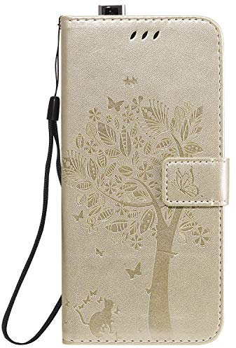 Fatcatparadise Coque Compatible Xiaomi Redmi K30 Pro [avec Verre Trempé], Bookstyle Motif de gaufrage Housse Imprimé en PU Cuir Case à Rabat Coque de Protection Portefeuille Cover (Or)