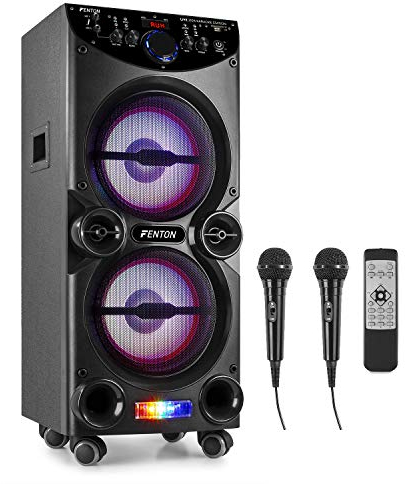 Fenton LIVE2104 Karaoke Anlage mit 2 Mikrofonen und Fernbedienung, Partybox Bluetooth Karaoke Maschine, Musikbox Bluetooth Groß, MP3-Player und LED Partylicht, SD, USB - Schwarz