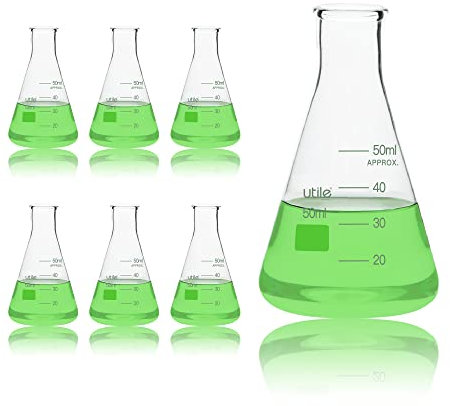 Utile 6pcs of 50ml Glass Erlenmeyer Conical Flasks, Narrow Mouth, Borosilicate 3.3 Glass with Printed Graduation, 4016.0050.6