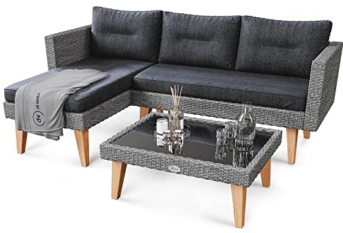 di volio Garten Ecksofa Polyrattan Imola – Gartenmöbel-Set mit eleganten Holzbeinen aus Eukalyptus in DREI Farben - FSC-Zertifikat (grau)