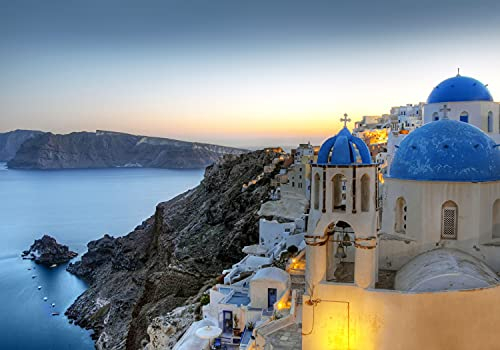 decomonkey Fototapete selbstklebend Landschaft 196x140 cm Selbstklebende Tapeten Wand Fototapeten Tapete Wandtapete klebend Klebefolie Griechenland Santorin Berge Architektur Ozean Aussicht