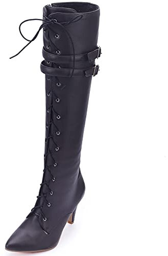 CUTEHEELS Stivali alti al ginocchio con lacci con tacco a spillo e punta temperamatite per donna alla moda, marrone scuro., 41 EU