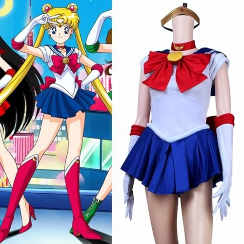 Japanisches Anime Sailor Moon Kostüm Tsukino Usagi Blue Fancy Dress Role Play Kostüme mit Stirnband, Halskette und Handschuhen ect. Cuttom-Made Sailor Moon