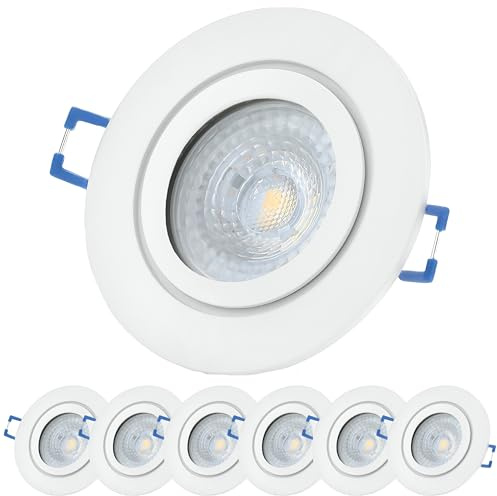 Sweet Led Einbaustrahler Bad Dimmbar,IP44 Aluminium Ø84mm,Feuchtraum Einbauleuchte,Badezimmer,Rund alu,inkl.GU10 7W Warmweiß 530Lm 3000k Warmweiß,Klickverschluß,Einbaurahmen,Einbauspot (Weiß, 6er)