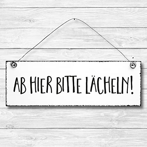 Ab Hier Bitte Lächeln - Schild Dekoschild Türschild Wandschild Holz 10x30cm - Holzschild Holzdruck Holzbild Tür Deko Schild