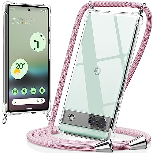 caslord Handyband für Google Pixel 6a 6,2, Hülle mit Band zum Umhängen TPU Handyhülle [Stoßfest] [Kameraschutz] [Längenverstellbar] -Roségold
