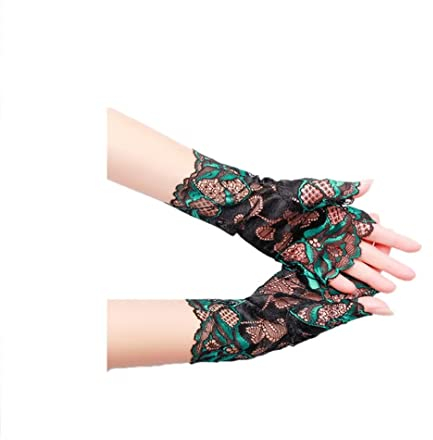 Damen Spitzenhandschuhe Fingerlose Blumen Handschuhe Hochzeit Party Kostüm Zubehör, Grün , Einheitsgröße