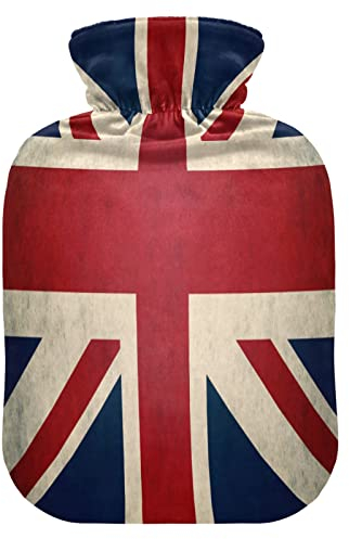 Mnsruu Vintage British Flag Union Jack England Hot Water Bottle with Velvet Cover, 1L Transparent Hot Water Bag for Hand Pain Relief Hot Cold Therapy Cramps