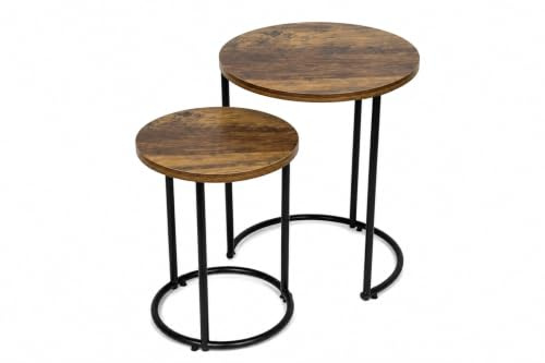 spot on dealz® Round Nest of Tables Living Room Coffee Tables Black Metal Frame with Solid Oak Wooden Effect Side End Nesting Table small Bedside Home Furniture
