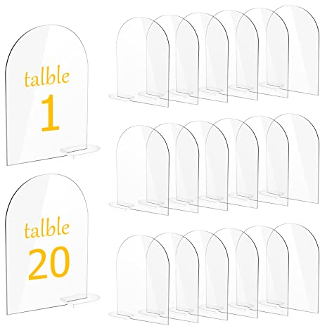 Gearific 20 Stück klar Bogen Acryl Zeichen mit Stand, leere gewölbte Runde oben Acryl Blatt, DIY Acryl Bogen Tischnummern für Hochzeit Stand Halter