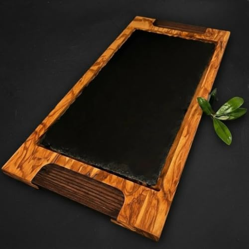 What the Art!® Olive Wood «Ardoise» | Vassoio da portata in legno d'ulivo con tagliere in ardesia + ciotola per salsa + regalo | 45 x 21 x 3 cm | Tagliere per formaggi – Vassoio per sushi