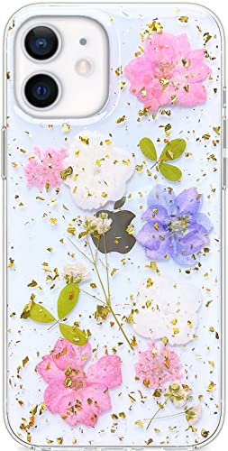Efitoo Designed for iPhone 12/12 Pro Pressed Flower Case, Cute Bling Glitter Sparkle Clear with Design Soft Silicone TPU Rubber Dried Real Floral Aesthetic Case for Women Girls (Sparkle Pink Flower)