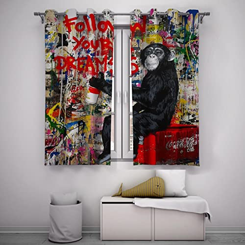 Banksy Street Graffiti Vorhänge für Teen Jungen Schlafzimmer Folgen Sie Ihren Träumen AFFE 2 Paneele Fensterbehandlung Wohnzimmerdekor 2xB132xL160cm