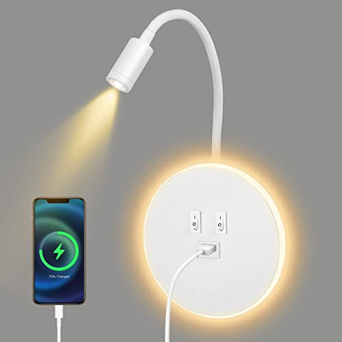 Weigudoc Foco Lectura Pared LED 3W+9W 3000K, Aplique de Lectura con Puerto de Carga USB, Flexible Lámpara de Pared con Cuello de Cisne ara Dormitorio Escaleras Salas de Estar Hotel (Blanco)