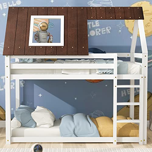 Etagenbett aus Massivholz mit rechtwinkliger Leiter, Kinderbett mit Fallschutz und Gitter, Rahmen aus Kiefernholz, Dach braun, Bett weiß (200x90 cm)