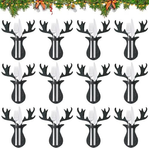 FMKLDENA 12 Stücke Bestecktasche Weihnachten, Besteckhalter weihnachten, Besteckhalter Weihnachten Filz, Weihnachten Tischdeko, Besteckbeutel Weihnachten, für Party Weihnachts Tischdeko (C)