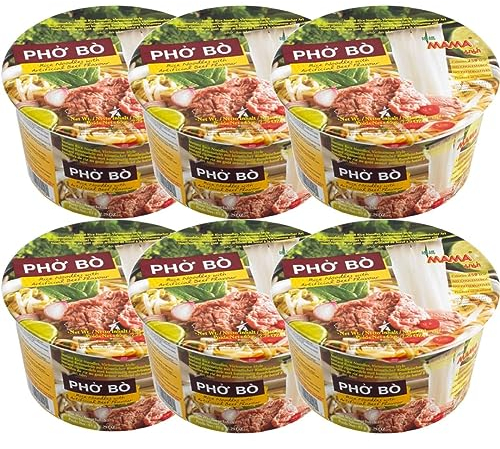 MAMA PHO BO Instant Beef Flavour Rice Noodle Bowl Noodles Soup 65g (6 Bowls)