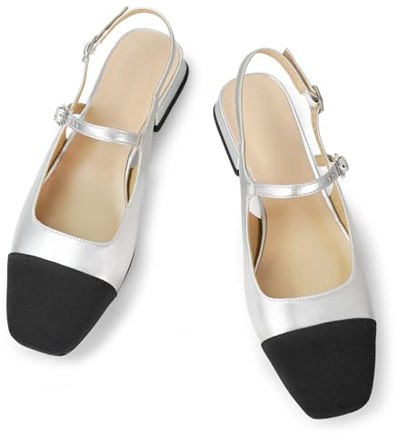 Dsevht Slingback-Flats für Damen, geschlossener quadratischer Zehenbereich, Mary Jane Ballerinas, lässig, modisch, elegante Schuhe für Damen, silber, 38.5 EU