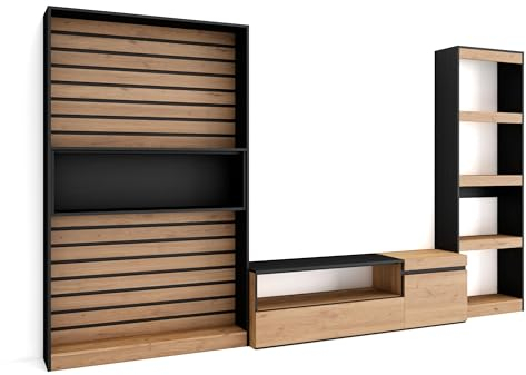 Skraut Home | Wohnwand Wohnzimmer | Wohnzimmermöbel, Möbelset | 320x186x35cm | Wohnzimmer Möbel | Moderner Stil | Eiche Schwarz