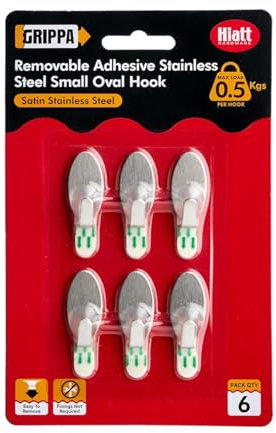 GRIPPA Self Adhesive Stainless Steel Oval Hooks, Removable Sticky Hooks, Holds Up to 0.5kg - Satin Pack of 6
