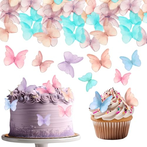 TIESOME Lot de 48 papillons comestibles pour décoration de gâteau, décoration de gâteau aux couleurs vives pour mariage, anniversaire, fête sur le thème des fleurs, jeux de princesse (multicolore 1)