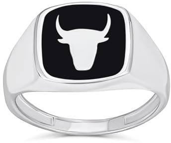 Bling Jewelry Unisex Signet Ring Mit Schwarzen Onyx Quadrat Edelsteinen Im Western Stil Mit Texas Longhorn Büffel Kuh Antilopen Und Stierschädel Motiv Aus .925Er Sterlingsilber Und Individualisierbar