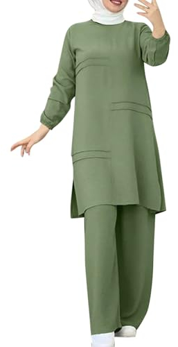 Bluelucon Damen Kleid Muslimisches Einfarbig zweiteiliges Set,damen Lose hose und Komfortabel top Islamisches kleidung kostüm damen elegant 2 teiler Grün,3XL