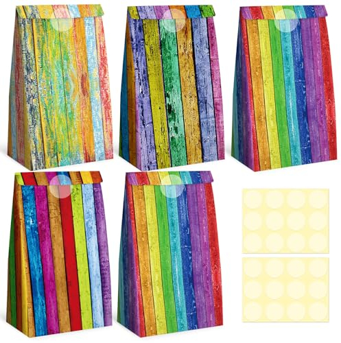 Koogel 24 Stück Geschenktüten, 22x12x8cm Bunte papiertüten mit 24 Aufkleber Kraftpapier Tüten Motiv Streifen für Kindergeburtstag Hochzeitsfeie Giveaways Party