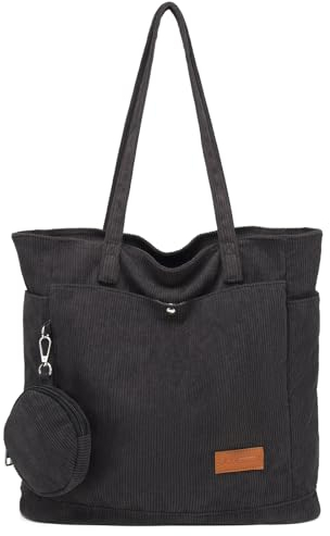 JANSBEN Cord Tasche Damen Shopper große-mit Münzbörsen Handtasche Schultertasche mit Reißverschluss Stoff Shopping Tote Bag für Alltag und Schule Einkaufens Schwarz