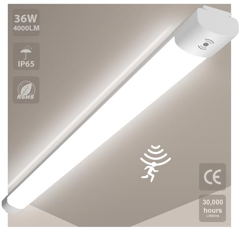 IEGLED Tubo Led con Sensore di Movimento 120CM 36W 4000LM Plafoniera Led Soffitto Moderna IP65 impermeabili Neon Led Garage Officina Ufficio Bagno Seminterrato Giardino Magazzino Bianco neutro