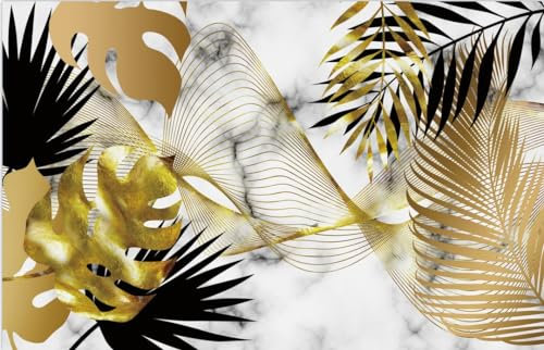 Papier Peint Panoramique 60X120Cm Feuilles Noires Et Dorées Poster Mural Pour Salon Chambre Décoration Murale, Papier Peint Intissé 3D Chambre Enfant,Chambre Fille,Personnalisable