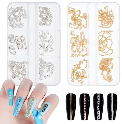 NICENEEDED 12 Strips Metal Nail Art Chains, Nail Jewelry Chains with Box, Silver Gold Nail Chains Punk Nail Charms Nail Ornaments Nail Jewels Nail Art Studs for Manicure Decoration