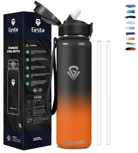 Grsta Gourde, Gourde Isotherme 1l, Gourde avec Paille sans BPA, Gourde Metal, 18/8 Acier Inoxydable, Gourde Reutilisable Anti Fuite, Facile à Nettoyer, pour Camping, Randonnée, Running, Vélo, Yoga