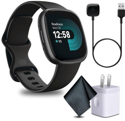 Fitbit Versa 4 Fitness Smartwatch with Daily Readiness, GPS, 24/7 Heart Rate, 40+ Exercise Modes, Fit Bit Smart Watch for Men and Women Black/Graphite Bundle with Cleaning Cloth and Charger