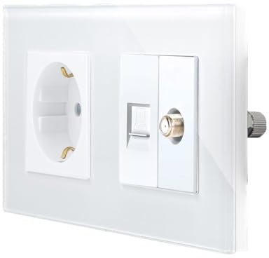 Luxus-Time 2-fache Blende mit Steckdose + SAT/LAN Netzwerkmodul Internetanschluss Einbaudose für Unterputz Einbau Netzwerkanschluss Satellitenanschluss (Glasrahmen + Steckdose + SAT/LAN Weiß)