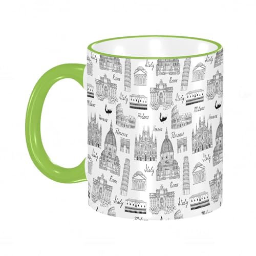 KDWJS Coffee Mug Funny Mug,Coloured Mug Cup Gift Birthday Work Office Christmas Printed Coffee Cup 11Oz Cups 330ml,White,City, Monochrome Sketch Style Famous Places from Italy Rome Milan Europeans