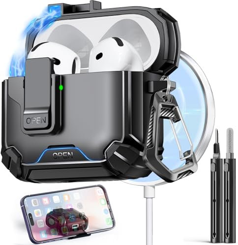 Inesore 2-in-1 Automatic Pop-up Security hülle for AirPods 4 Gen (2024) with Built-in Phone Stand & Cleaning Kit, Drop-Proof Magnetic Case for Air Pod 4 Charging Case (USB-C)